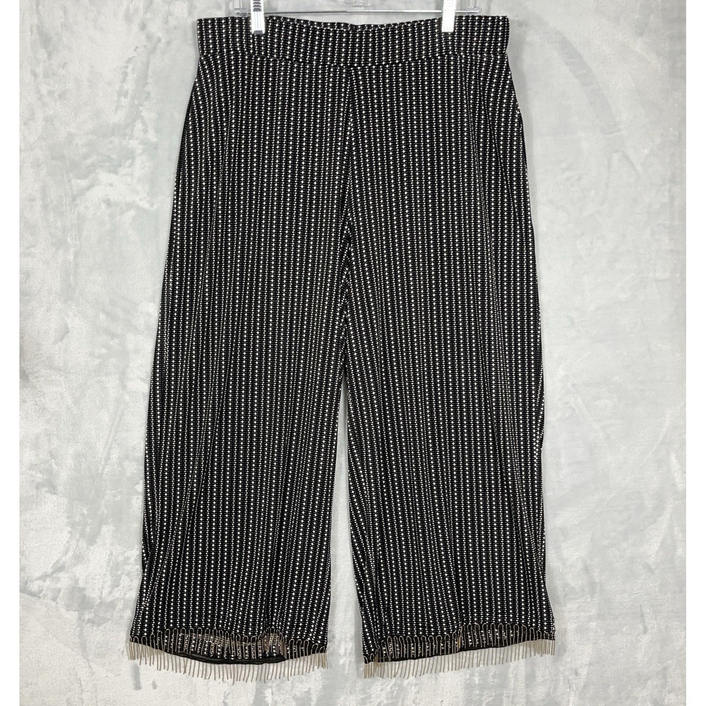 Rafaella Womens Black White Fringe‎ Beaded Hem Wide Leg Pants 1X Pull On Comfy